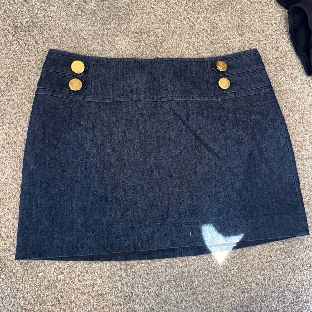 Express Womens Dark Wash Denim Mini Skirt Gold Crest Button Sailor Style Size 8